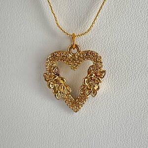 Gold Heart Pendant Necklace, Open Floral Heart, Retro, Heirloom, TWEE